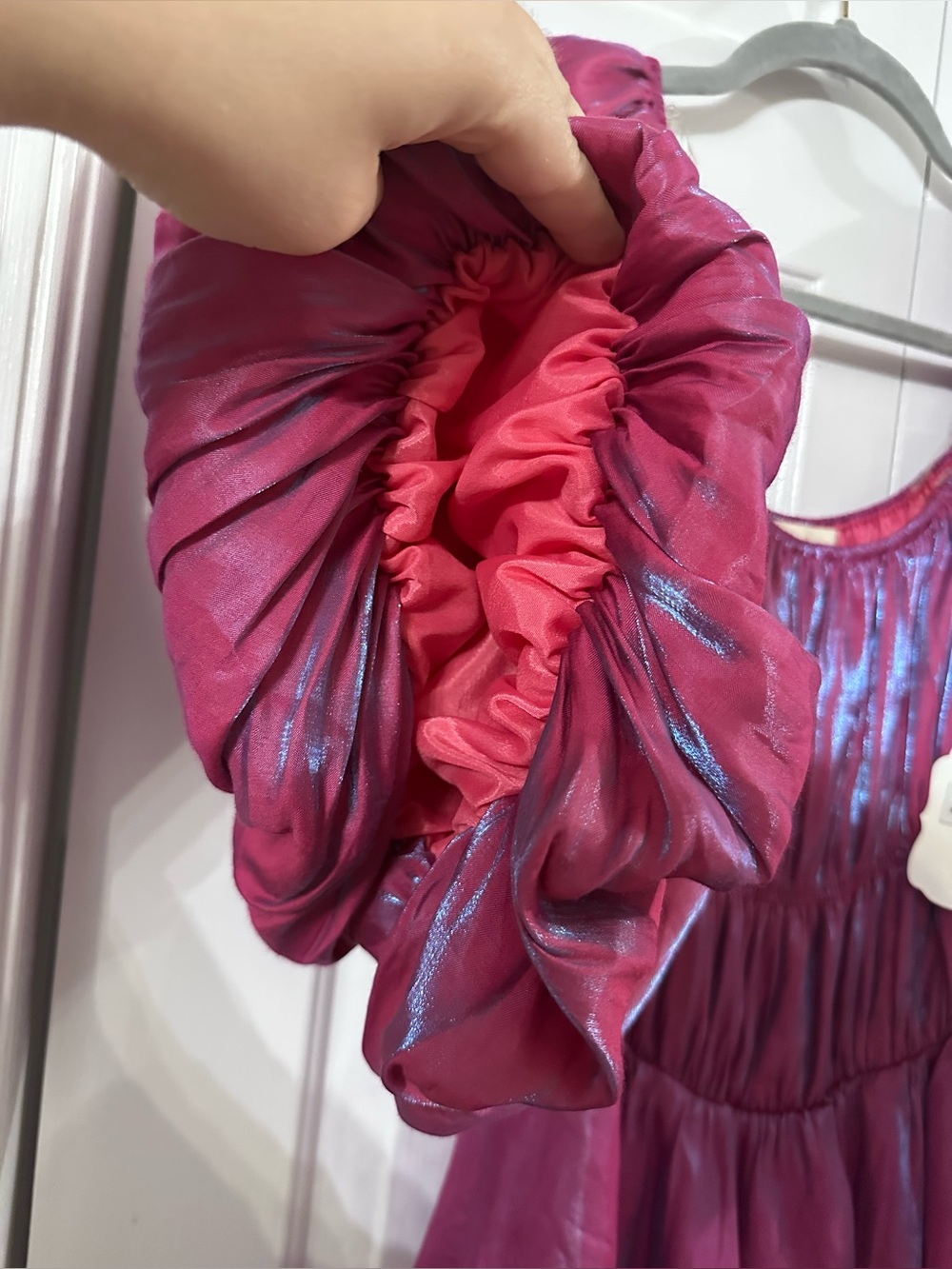 Altar'd State Shimmery Fuchsia Mini Dress with Puff Sleeves - Picture 4 of 5